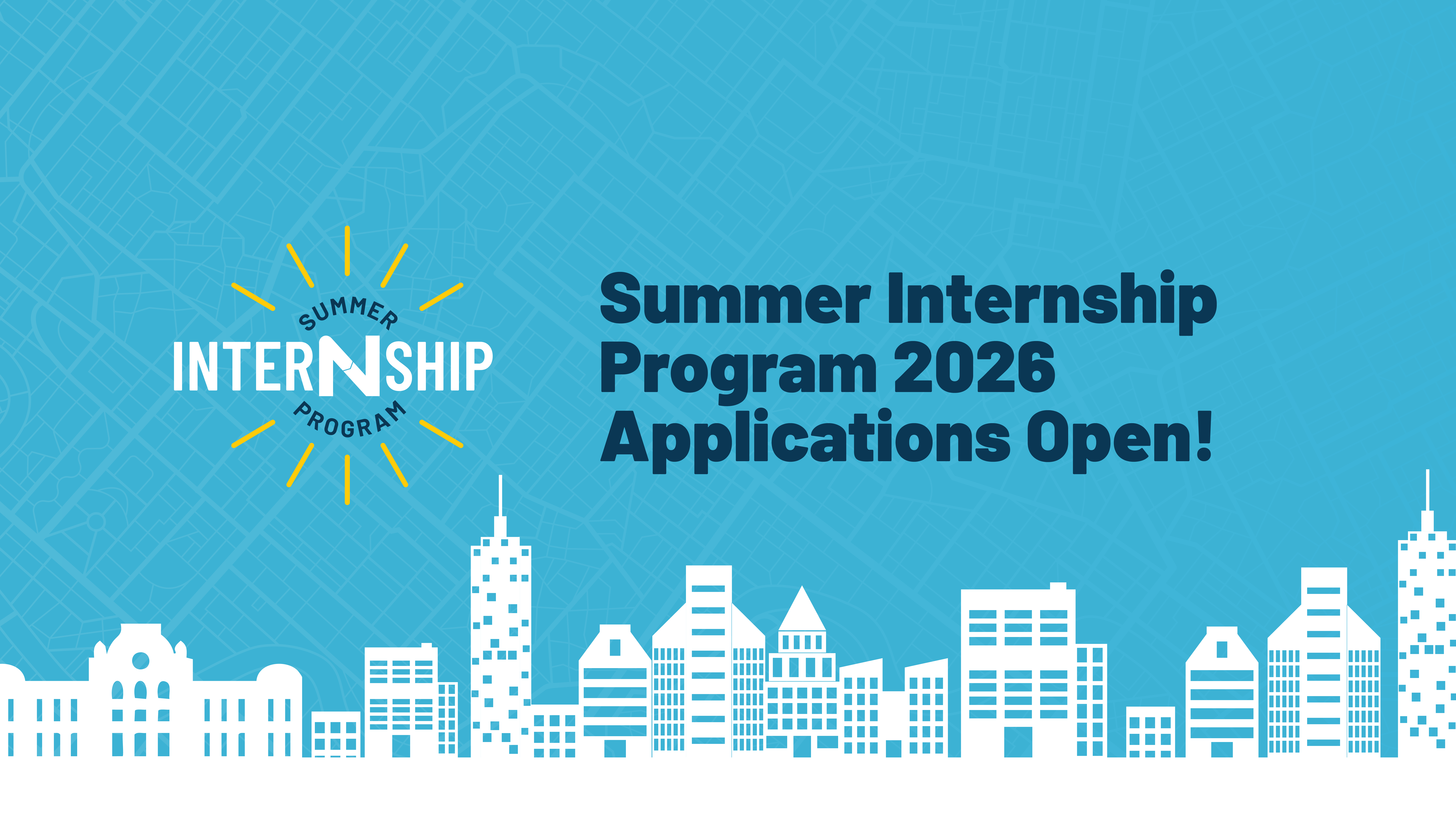 A city skyline with a headline that reads "Nelson\Nygaard Summer Internship Program"