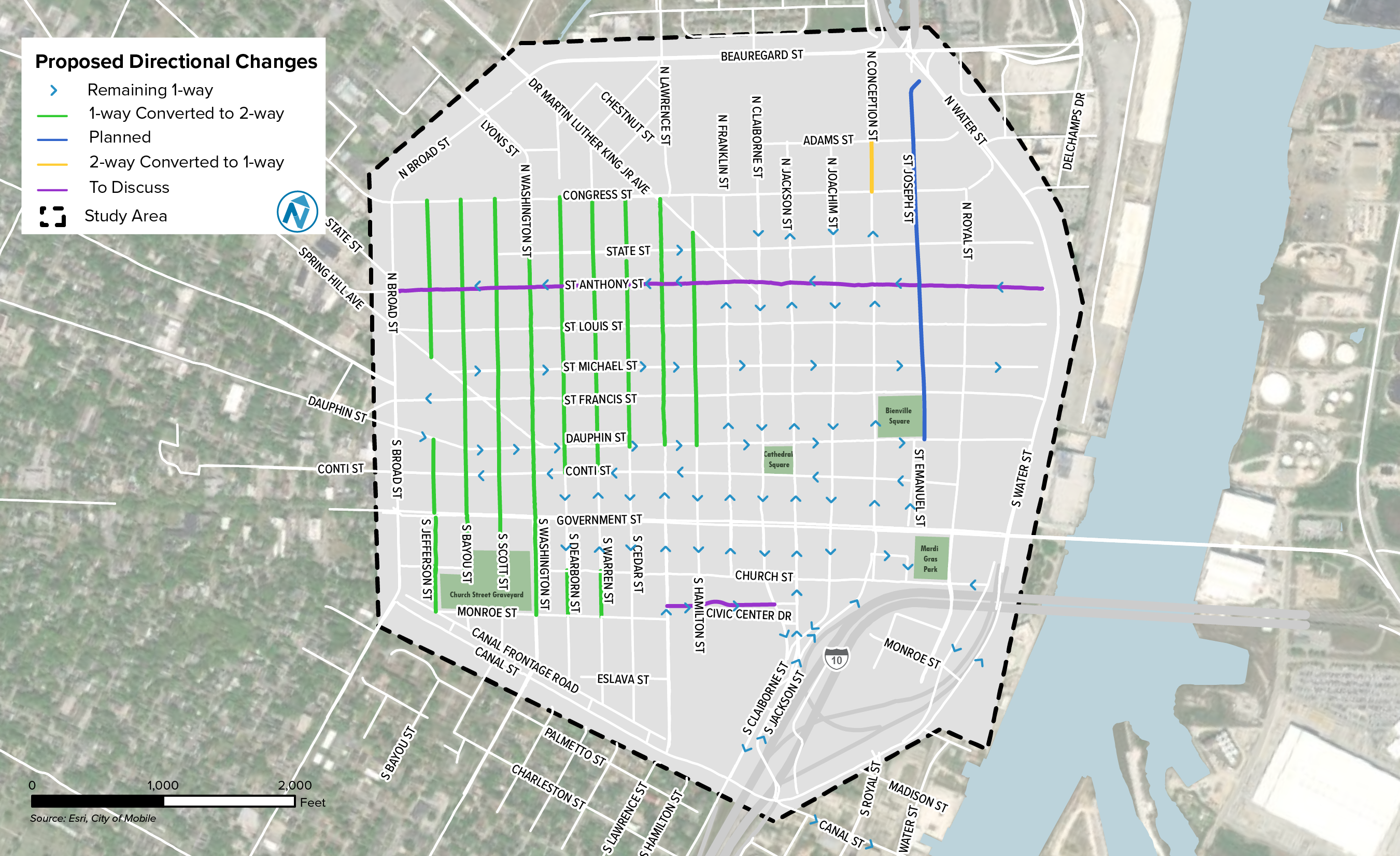 A map of proposed directional changes for the study area in Mobile, Alabama.