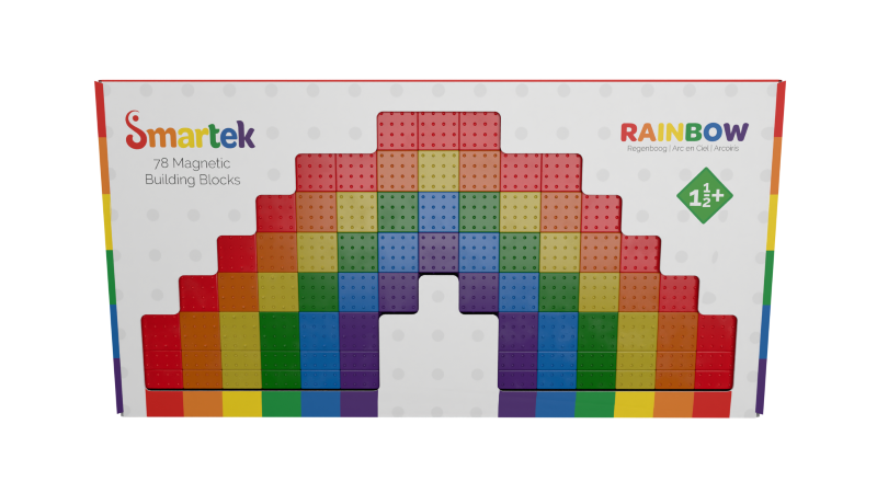 Rainbow set with 78 Magnetic Building Blocks. Consists of 6 rainbow colours, 54 Smartek cubes and 24 (MEGO) blocks to connect Smartek with 3rd party non-magnetic building blocks.