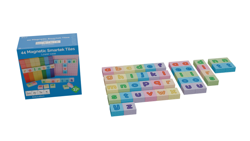 A complete lower-case alphabet set with 44 Butterfly tiles in six soft pastel rainbow colours.