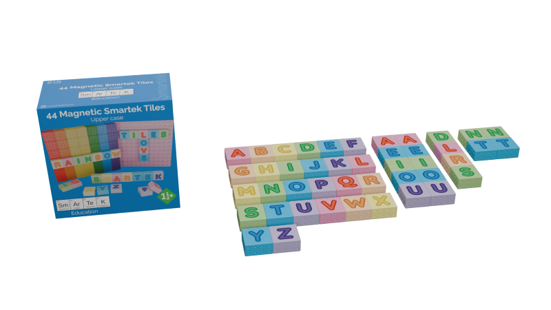 A complete upper-case alphabet set with 44 Butterfly tiles in six soft pastel rainbow colours.