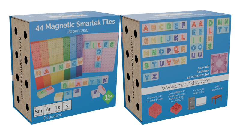A complete upper-case alphabet set with 44 Butterfly tiles in six soft pastel rainbow colours.