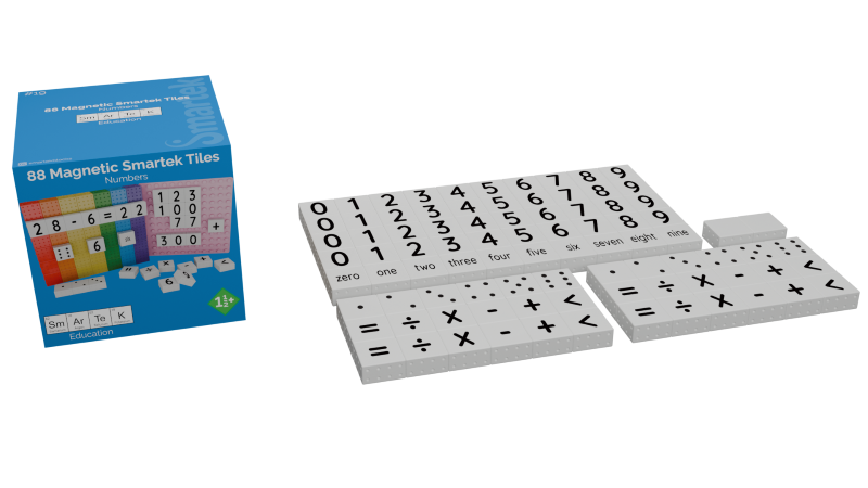 An all-in-one magnetic number and math set with 88 white Butterfly tiles.