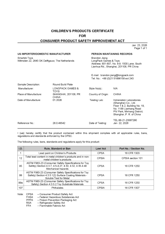 Certification of Conformity (CPC) - #20 Round Build Plate