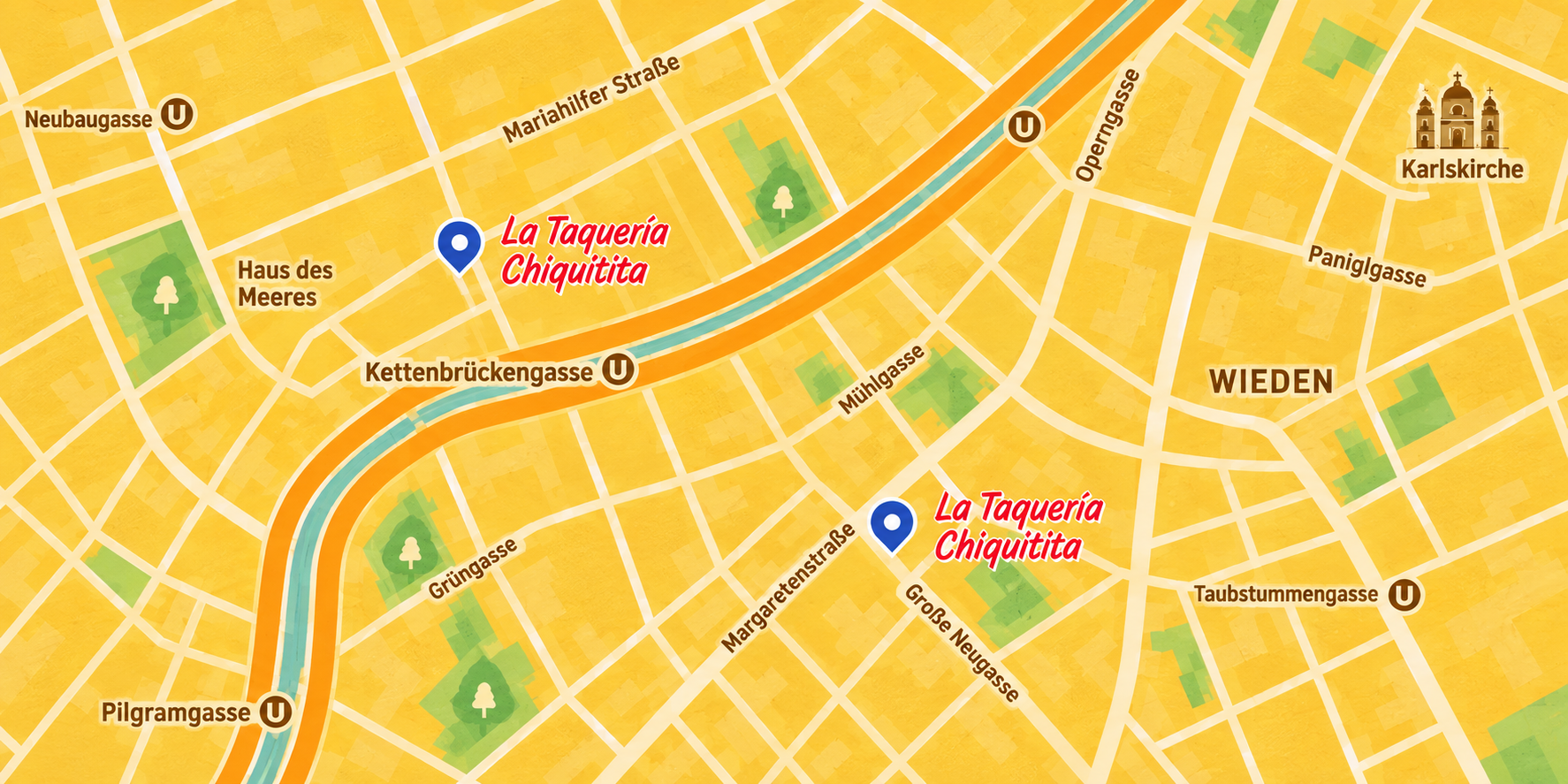 Map showing both La Taquería locations in Vienna