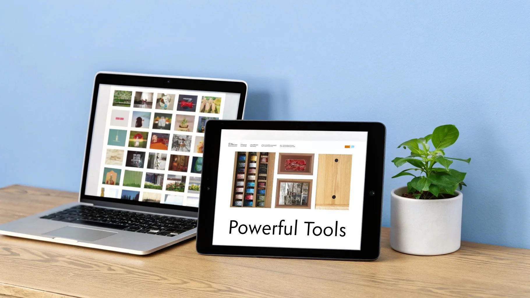 A team of creatives collaborating around a table covered in mockups, sketches, and a laptop.