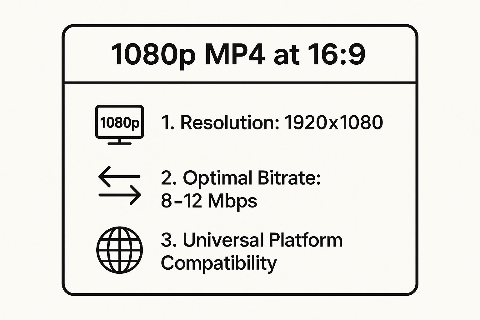 Infographic showing key data about 1080p MP4 at 16:9, highlighting its 1920x1080 resolution, 8-12 Mbps optimal bitrate, and universal platform compatibility.