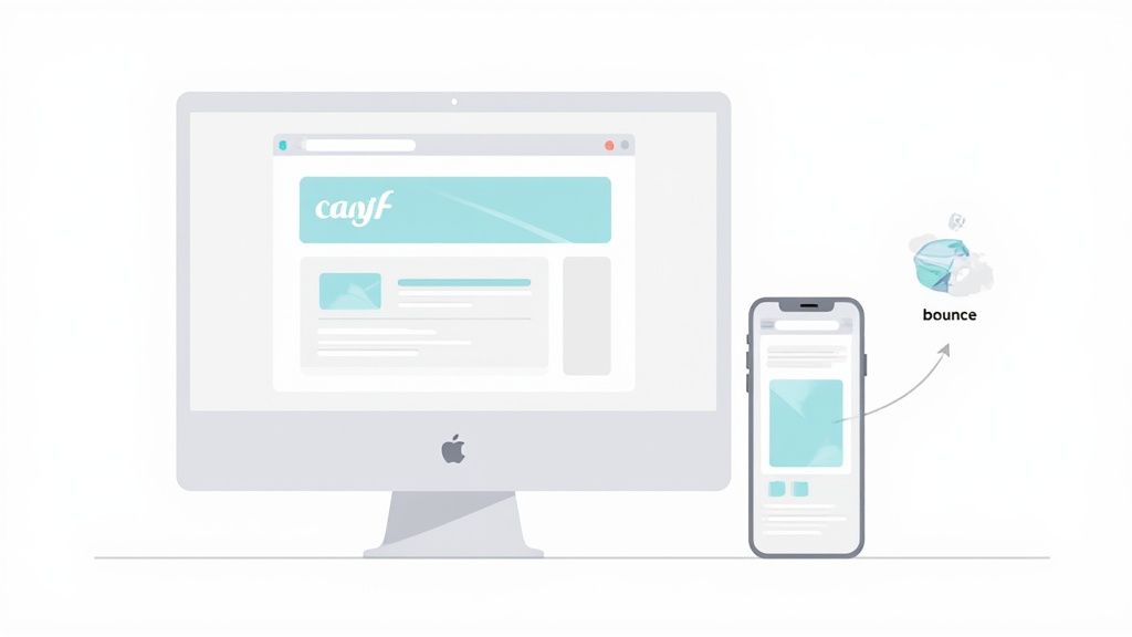 Illustration of a desktop and smartphone displaying websites, with an arrow from the phone to a 'bounce' graphic, depicting user experience.