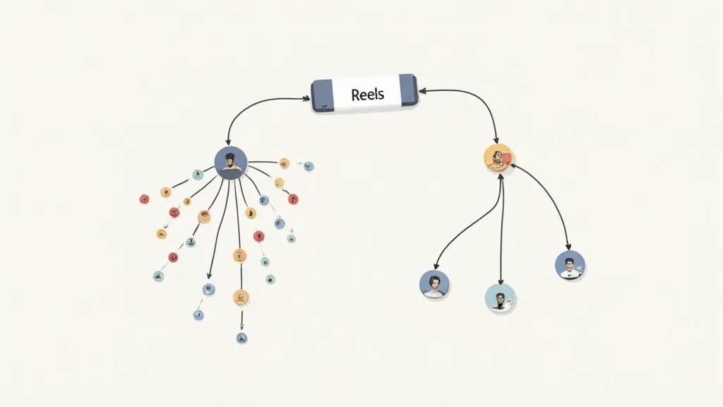 Diagram showing content distribution on Reels, with one creator reaching many users and another user consuming from few.