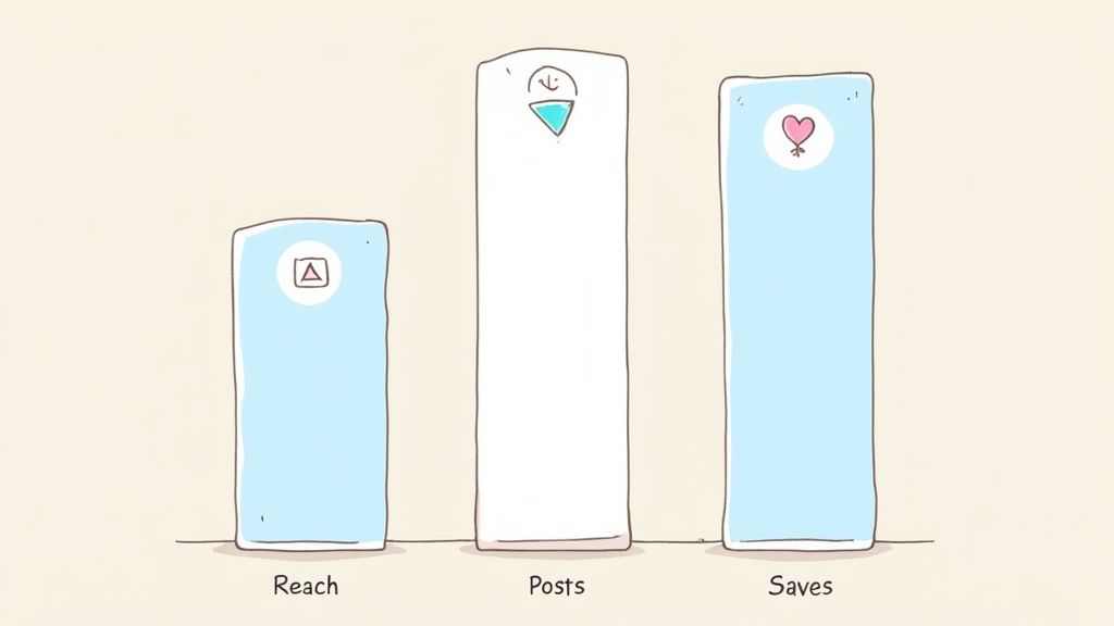 A light-hearted bar chart illustrates social media metrics: Posts, Saves, and Reach with icons.
