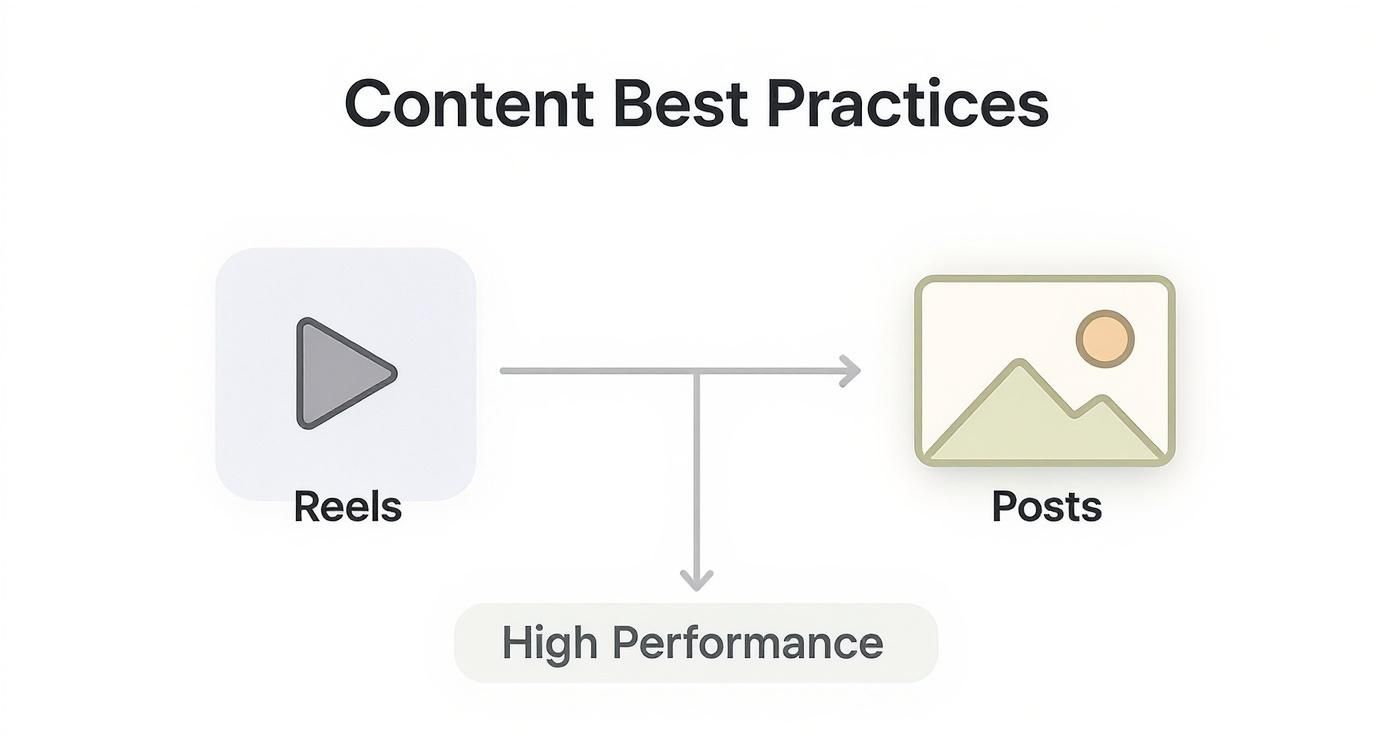 Diagram illustrating content best practices: Reels and Posts lead to High Performance outcomes.