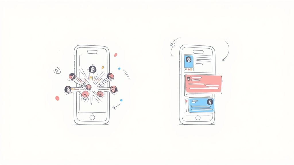 Two animated smartphones depicting dynamic social media interaction, user connections, and a scrolling content feed.