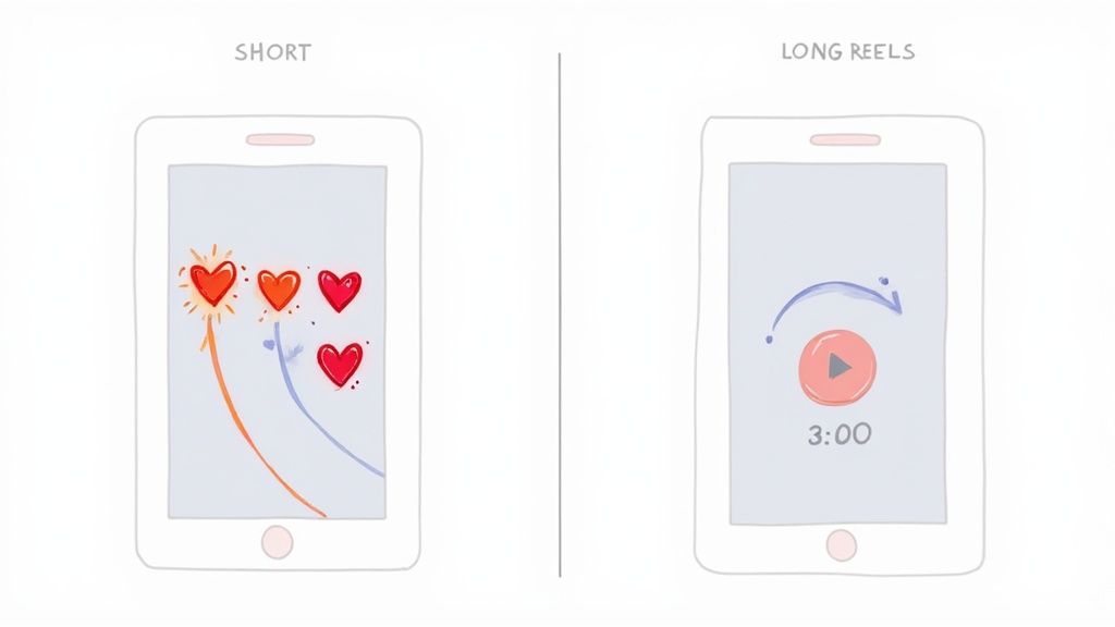 Smartphones illustrating short reels with hearts and long reels with a 3-minute video play icon.