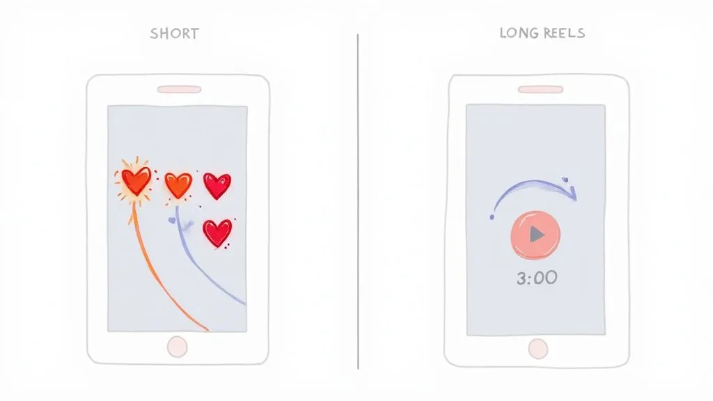 Smartphones illustrating short reels with hearts and long reels with a 3-minute video play icon.