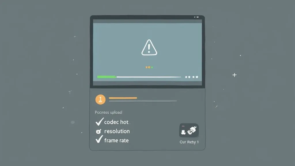 An illustration depicts a video upload screen with a warning icon and an error related to resolution.