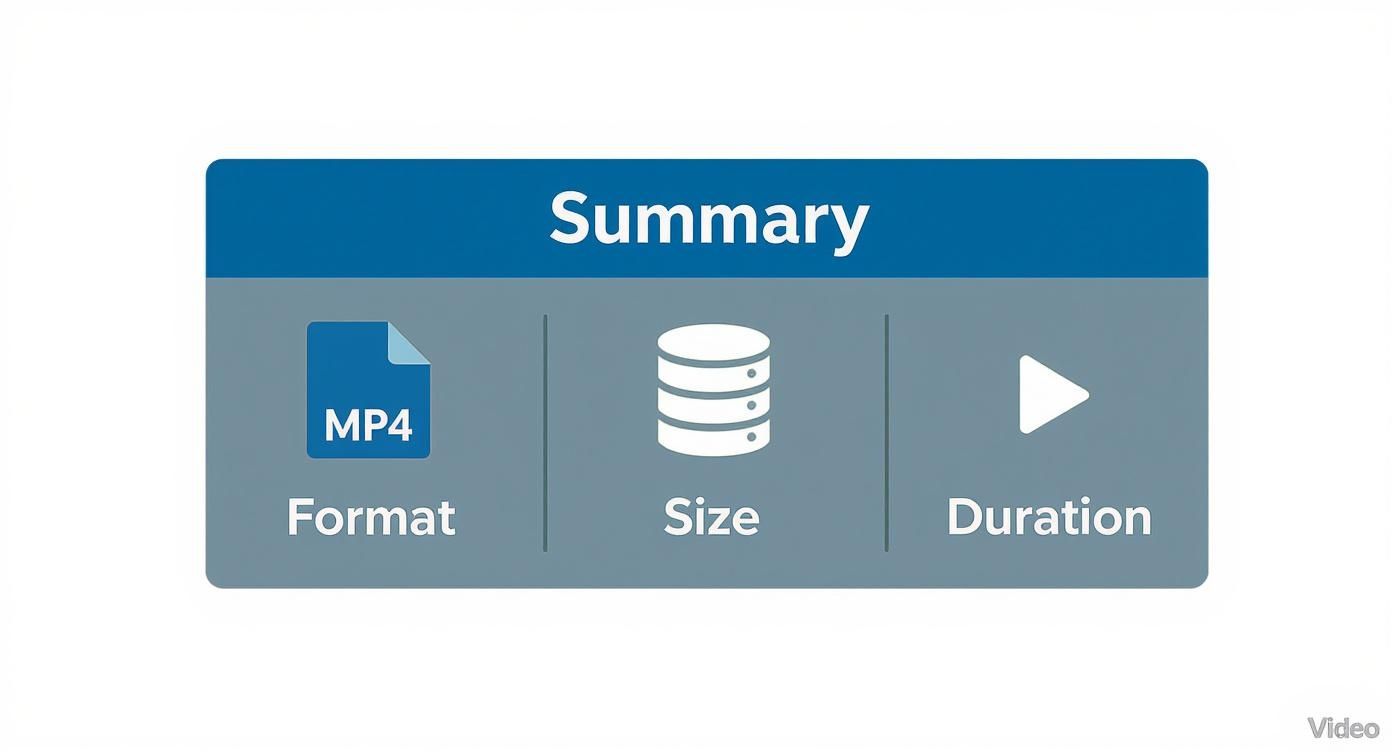 A blue and gray summary box displaying video specifications: MP4 format, file size, and duration.