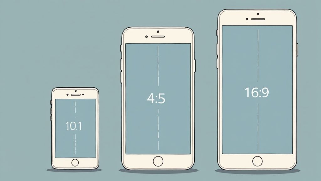 Illustration showing three smartphones of different sizes with screens displaying aspect ratios 10.1, 4:5, and 16:9.
