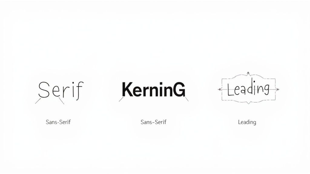 Visual examples illustrating typography concepts: Serif, Kerning, and Leading, with descriptive labels.