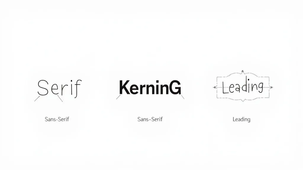 Visual examples illustrating typography concepts: Serif, Kerning, and Leading, with descriptive labels.