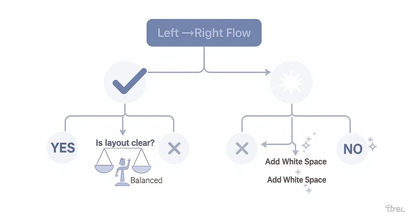 A flowchart titled 'Left Right Flow' illustrating decisions for layout clarity and adding white space.