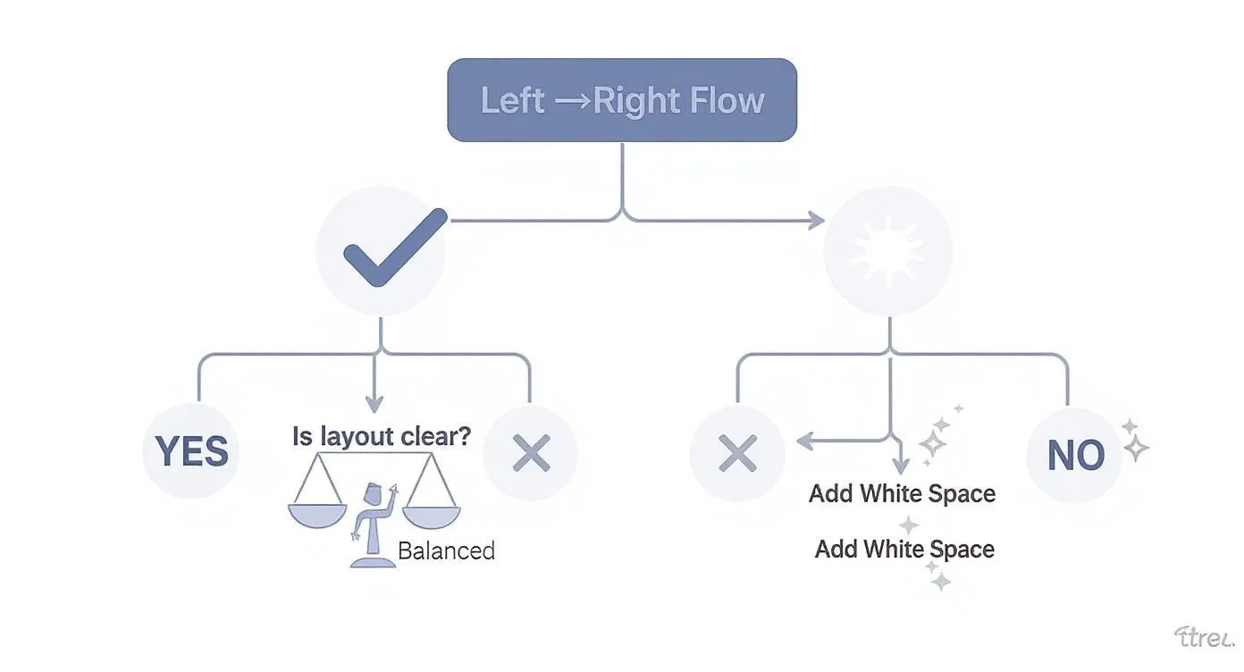 A flowchart titled 'Left Right Flow' illustrating decisions for layout clarity and adding white space.