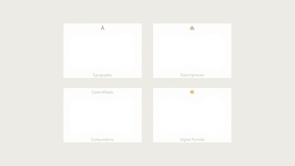 Four minimalist cards displaying graphic design terms like Typography, Compositions, and Digital Formats.