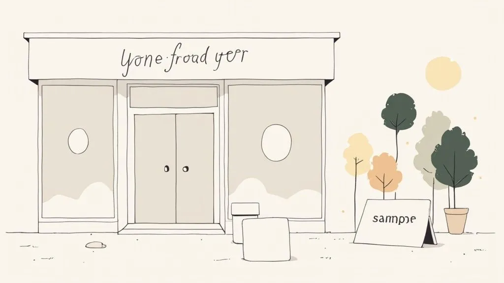 A charming, minimalist illustration of a boutique storefront with whimsical text and potted trees under a soft sun.