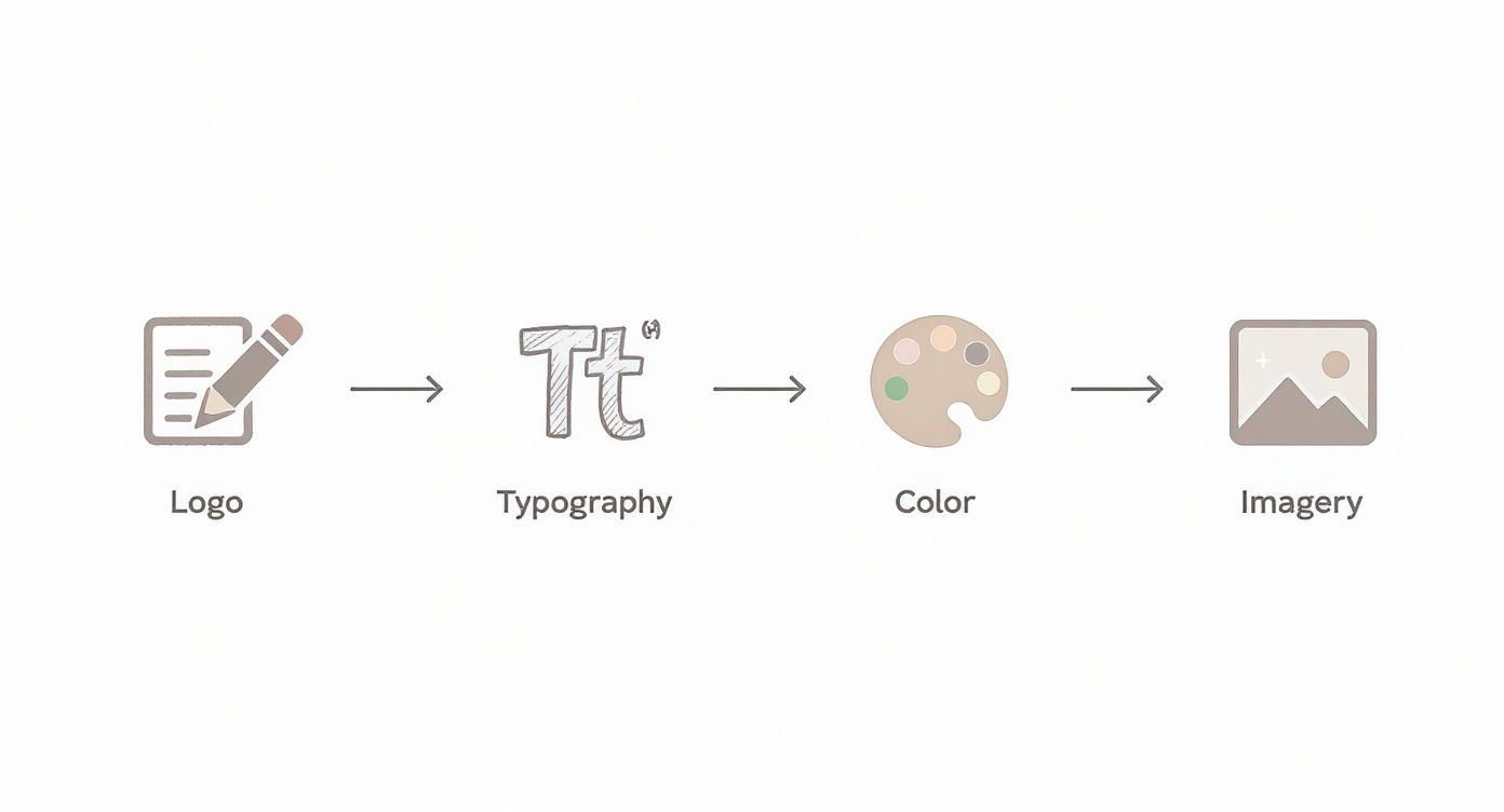 Flowchart of graphic design branding components: Logo icon, Typography text, Color palette, and Imagery icon.