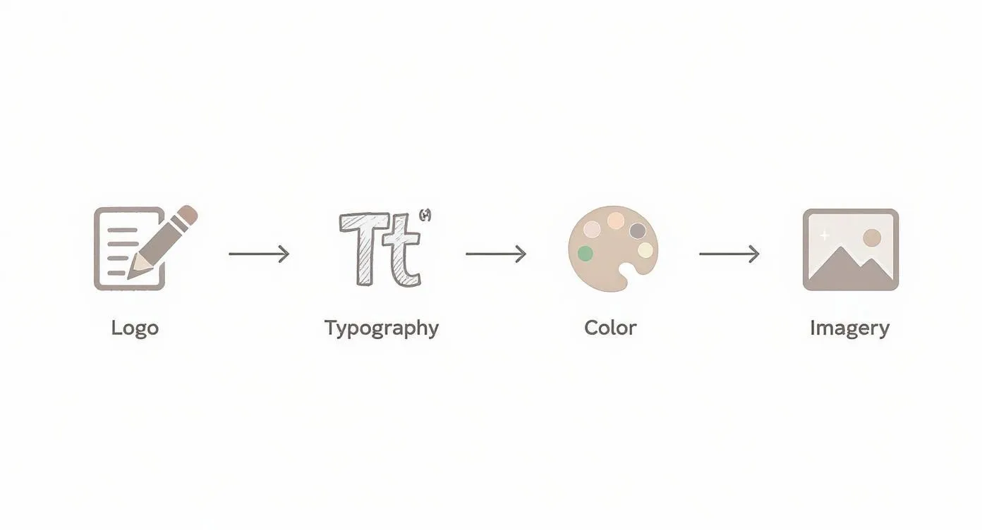 Flowchart of graphic design branding components: Logo icon, Typography text, Color palette, and Imagery icon.