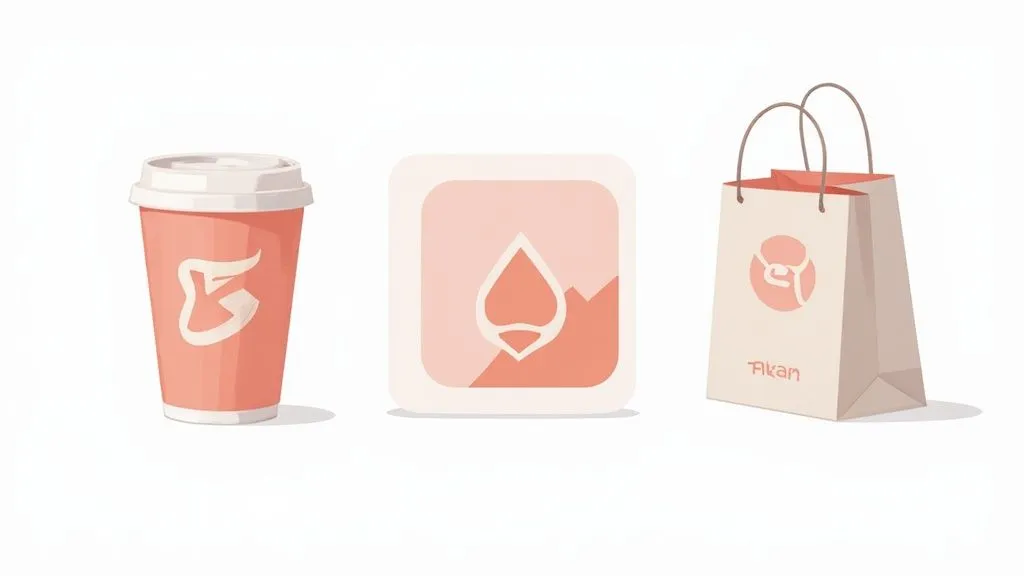 Three branded items: a coffee cup, a logo icon, and a shopping bag, in a soft peach and cream color scheme, showcasing consistent brand identity.