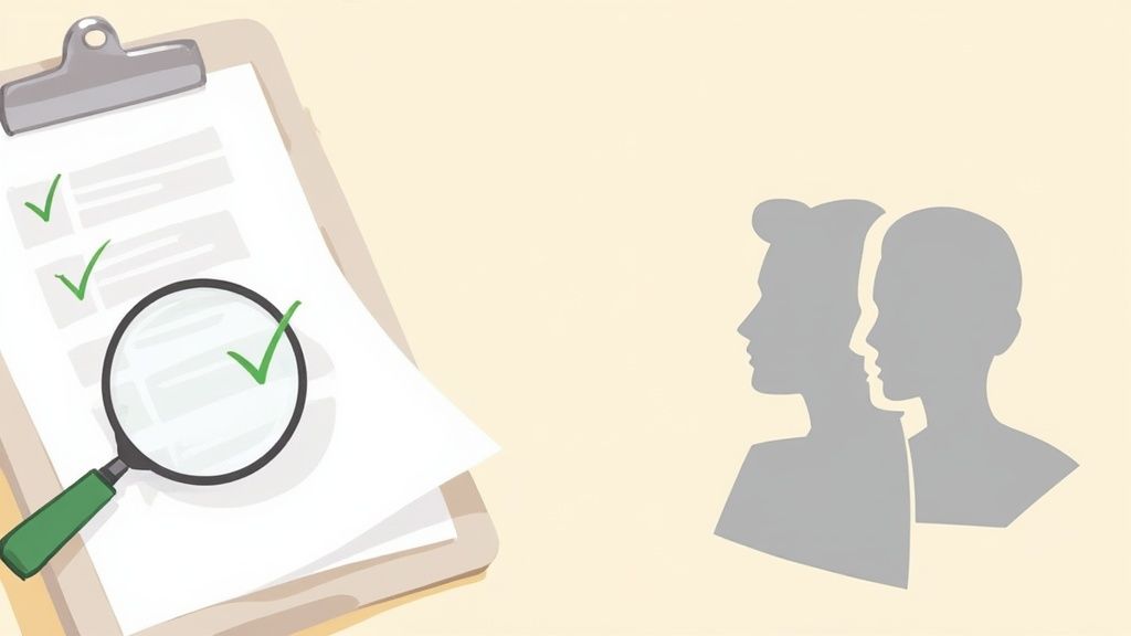 A clipboard with checkmarks and a magnifying glass, next to two profile silhouettes.