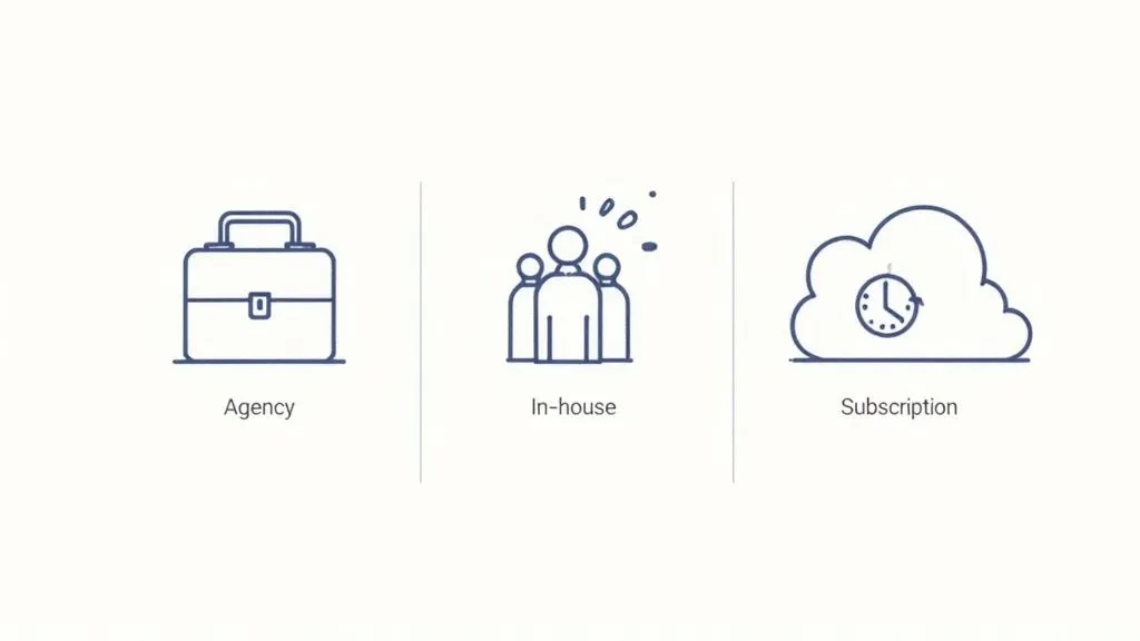 Three icons illustrating different service models: Agency represented by a briefcase, In-house by a team of people, and Subscription by a cloud with a clock.