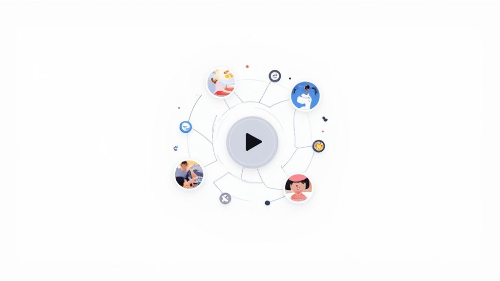 Central play button surrounded by diverse user avatars connected in circular network diagram