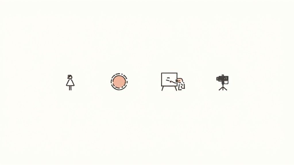 Four minimalist icons depicting explainer video creation process including presenter, focus, whiteboard teaching, and camera