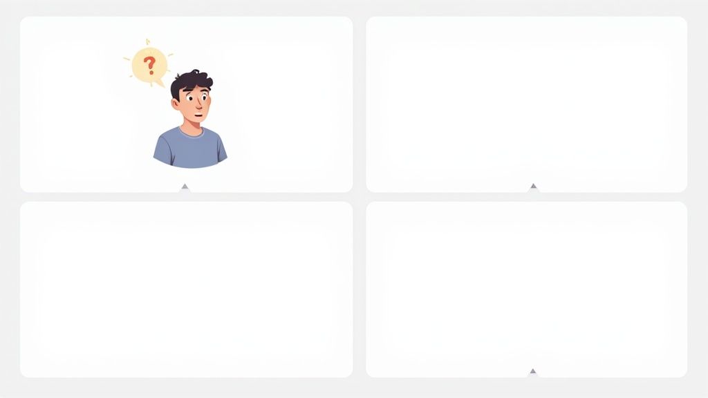 Cartoon character with question mark in thought bubble representing confusion or inquiry