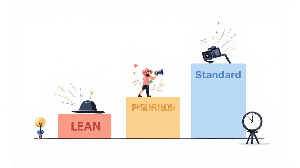 Three ascending blocks showing Lean, Premium, and Standard corporate video production service tiers with illustrated characters