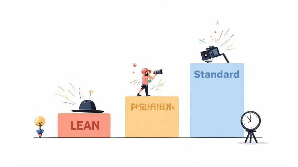 Three ascending blocks showing Lean, Premium, and Standard corporate video production service tiers with illustrated characters