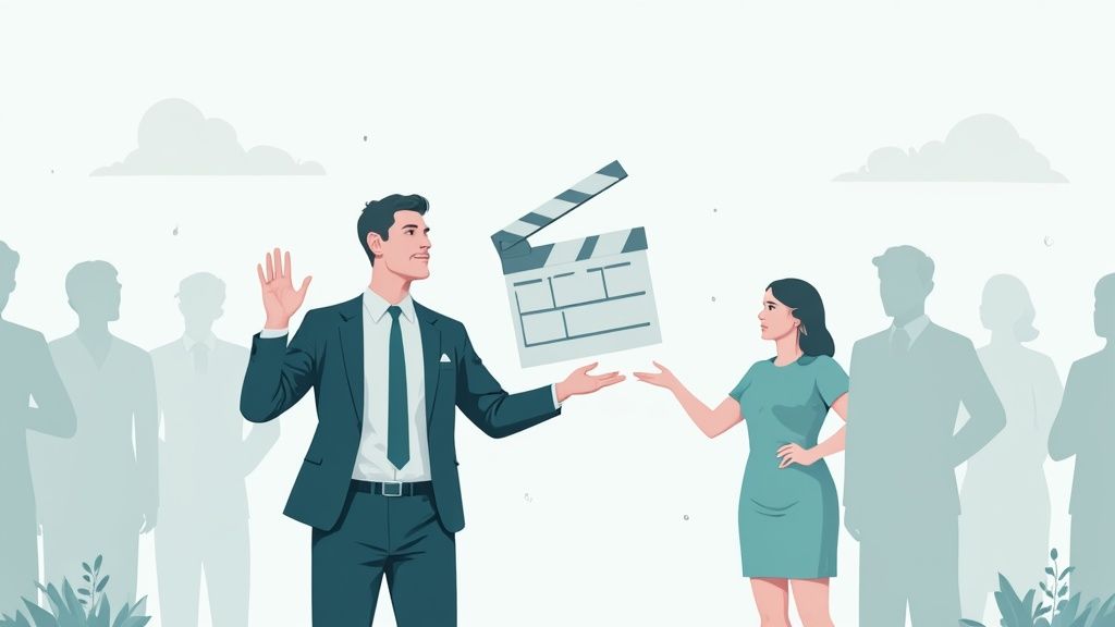 Business professionals exchanging film clapperboard representing corporate video production collaboration and teamwork