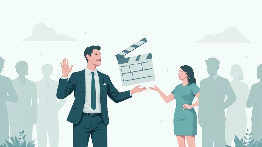 Business professionals exchanging film clapperboard representing corporate video production collaboration and teamwork