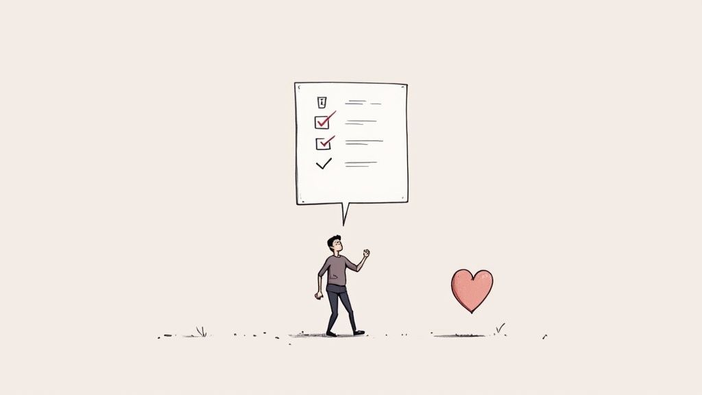 Person walking with checklist thought bubble and heart icon representing goal planning