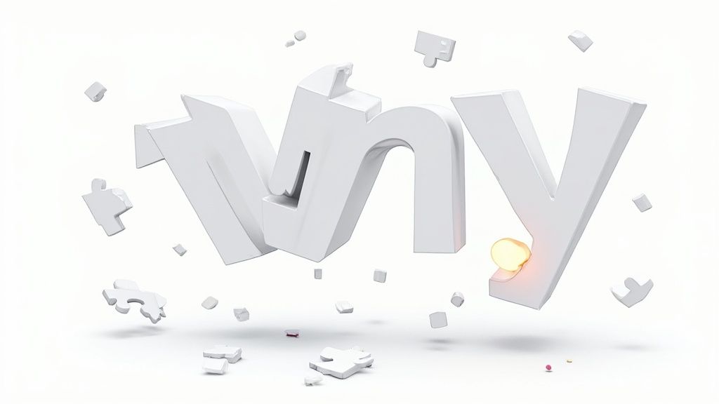 White 3D text breaking apart with a glowing sphere, symbolizing a broken brand identity