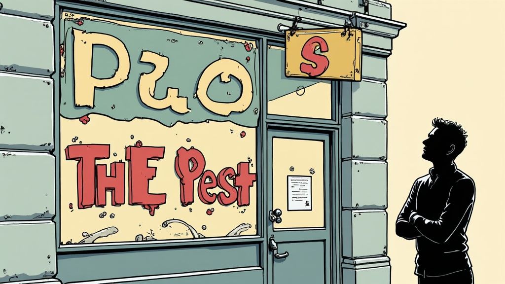 Person observing worn storefront with faded sign showing poor business branding and maintenance