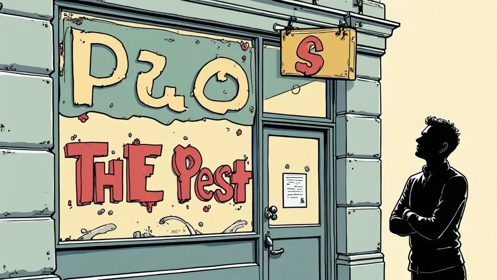 Person observing worn storefront with faded sign showing poor business branding and maintenance