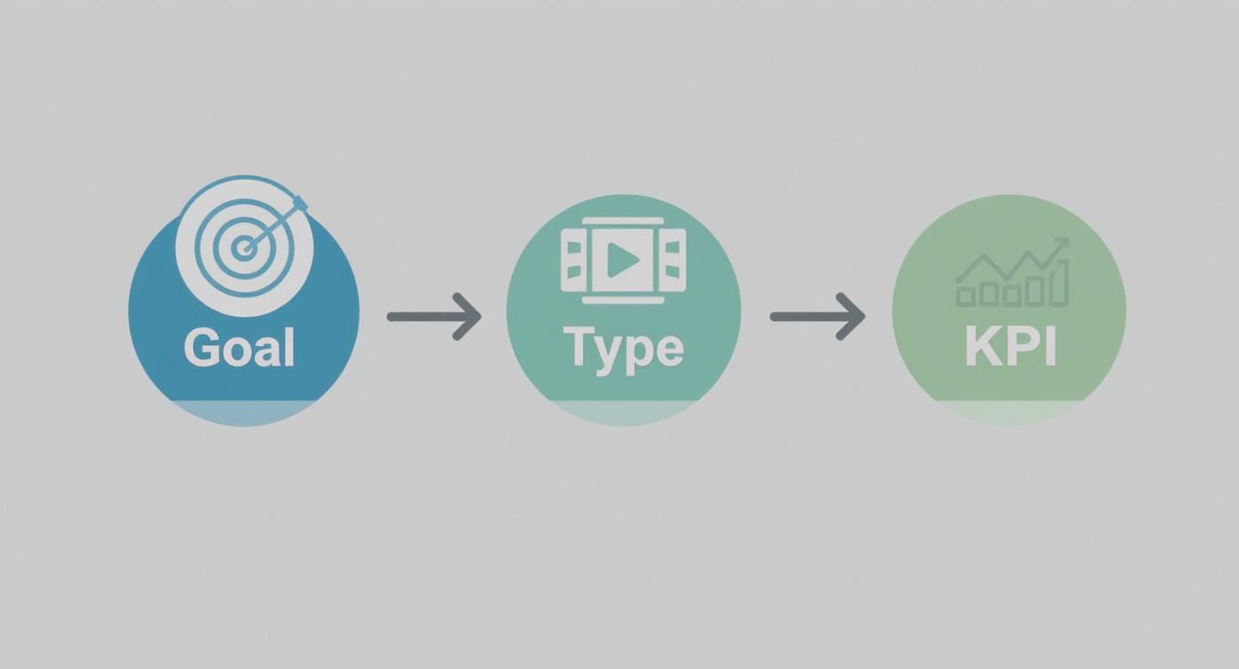 Infographic showing a 3-step process for choosing a business video, with icons for Goal, Type, and KPI.