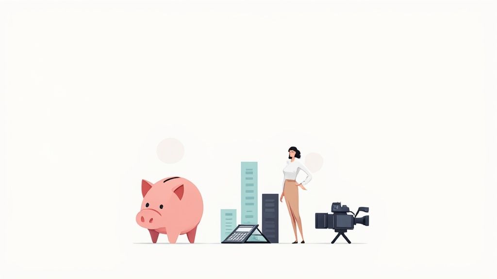 An overhead shot of a desk with a calculator, notebook, and pen, showing someone planning a video production budget.