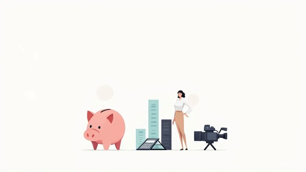 An overhead shot of a desk with a calculator, notebook, and pen, showing someone planning a video production budget.