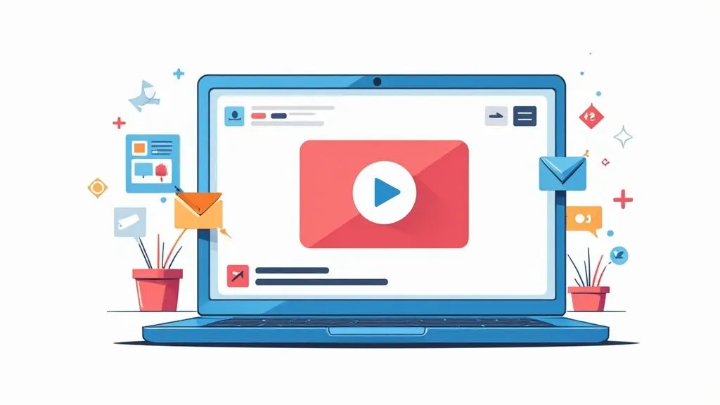 A person pointing at a whiteboard with video marketing icons and charts.