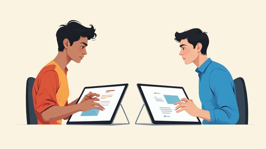 Digital illustration showing two men intensely focused on their respective tablet devices.