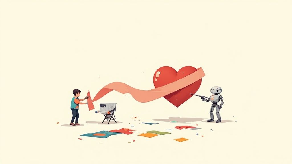 A person cuts a ribbon from a red heart as a robot observes, illustrating human-AI collaboration.