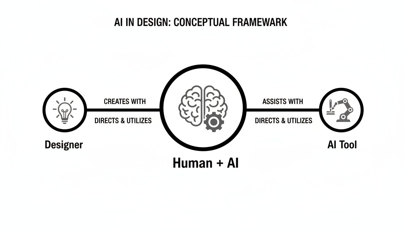 Conceptual framework diagram illustrating the interaction between a designer, human-AI, and AI tools.